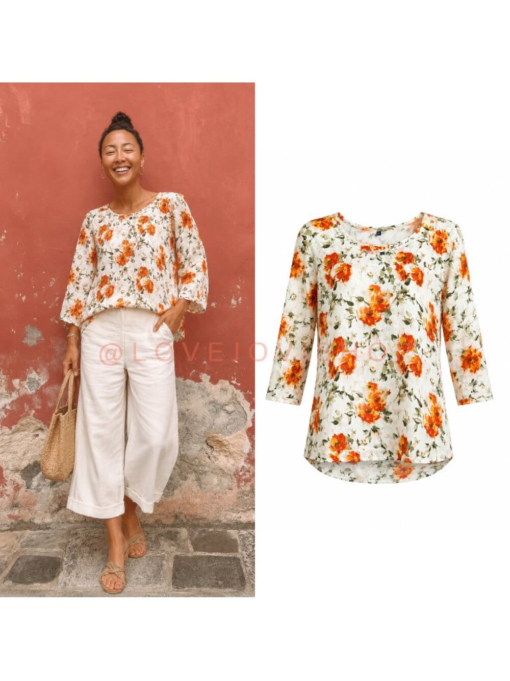 Coastal | Inizio Italian Linen Floral Boatneck Tunic Blouse Breathable Flowy XL